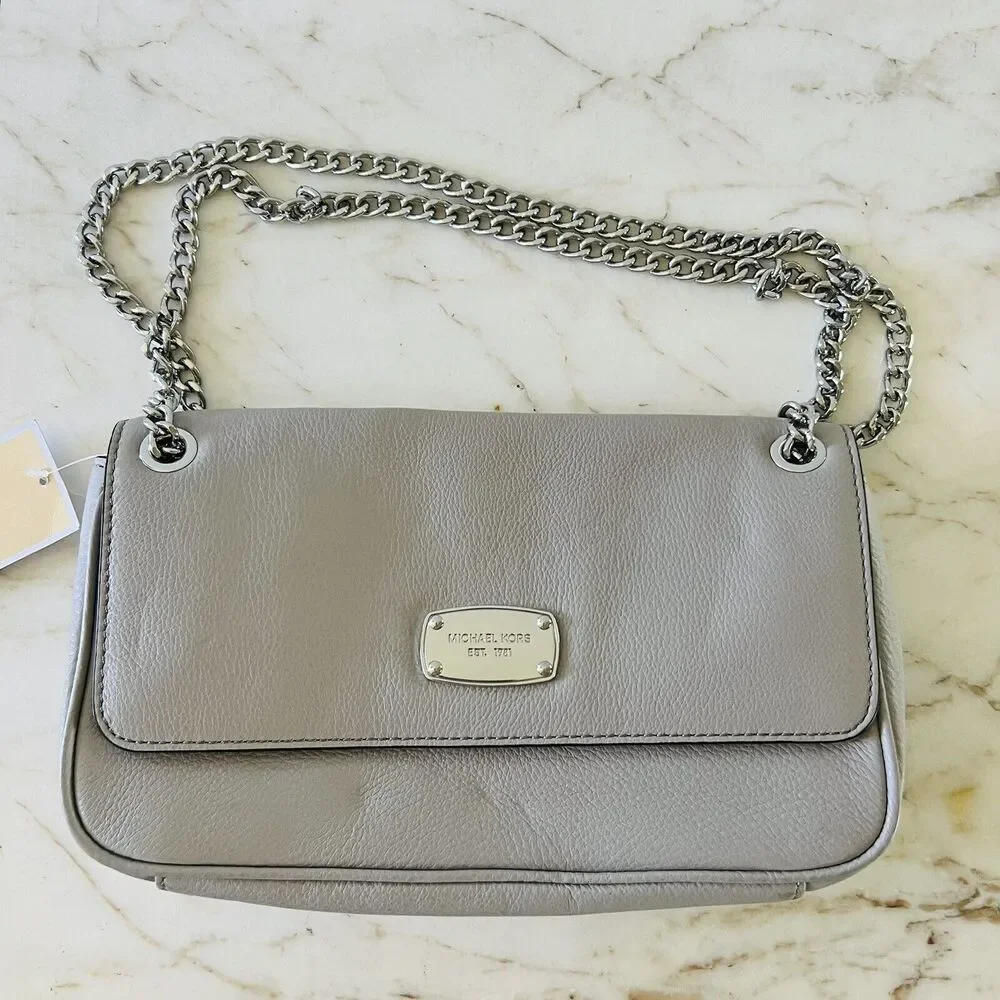 MICHAEL KORS Jet Set Chain Pearl Grey Leather Small Shoulder Flap Shoulder Bag